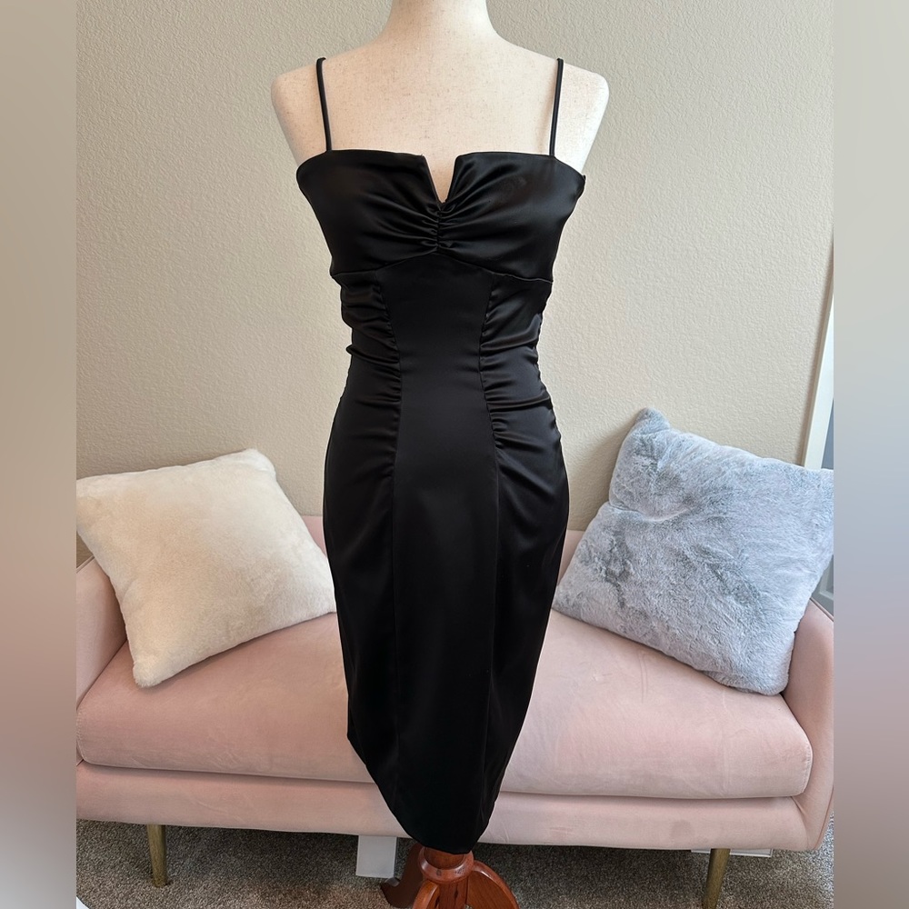 Cache Black Satin Midi Dress with Spaghetti Straps